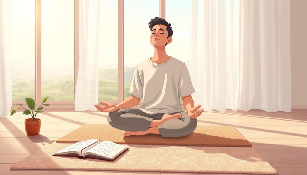 A serene meditation space featuring a well-lit room with soft, natural light streaming through large windows. In the foreground, a person dressed in modest casual clothing sits cross-legged on a plush mat, eyes closed in deep meditation, exuding a sense of calm and focus. Surrounding them are subtle elements of self-awareness practices, such as a journal with an open page filled with handwritten insights and a small potted plant symbolizing growth. In the middle, a soft, inviting rug adds warmth, while a gentle breeze rustles sheer curtains in the background. The background showcases a peaceful landscape view, connecting the interior space to nature, emphasizing tranquility and reflection. The overall atmosphere is one of introspection and enlightenment, inviting viewers to explore their self-awareness journey. Digital art style, created by nextself.ai. A serene meditation space featuring a well-lit room with soft, natural light streaming through large windows. In the foreground, a person dressed in modest casual clothing sits cross-legged on a plush mat, eyes closed in deep meditation, exuding a sense of calm and focus. Surrounding them are subtle elements of self-awareness practices, such as a journal with an open page filled with handwritten insights and a small potted plant symbolizing growth. In the middle, a soft, inviting rug adds warmth, while a gentle breeze rustles sheer curtains in the background. The background showcases a peaceful landscape view, connecting the interior space to nature, emphasizing tranquility and reflection. The overall atmosphere is one of introspection and enlightenment, inviting viewers to explore their self-awareness journey. Digital art style, created by nextself.ai.